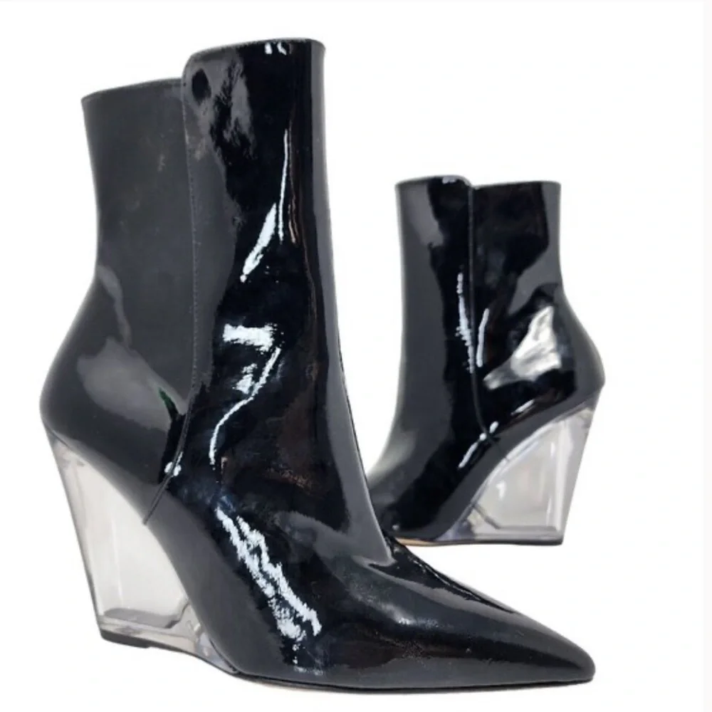 Stuart Weitzman lucite 100 patent leather ankle boots clear wedge heel